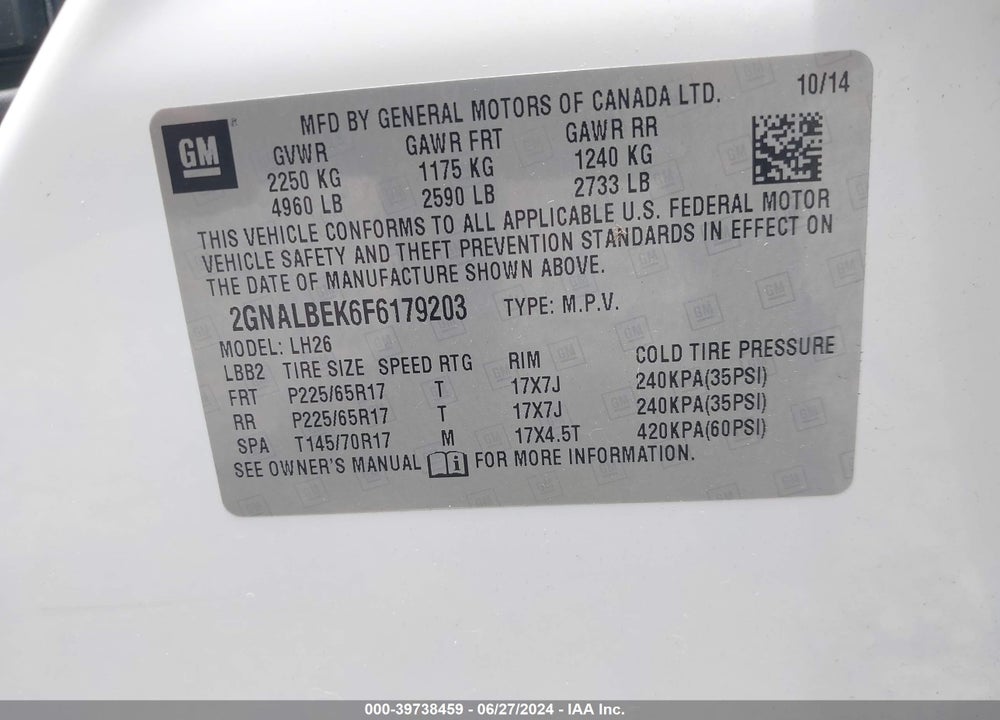 2015 CHEVROLET EQUINOX 1LT VIN: 2GNALBEK6F6179203