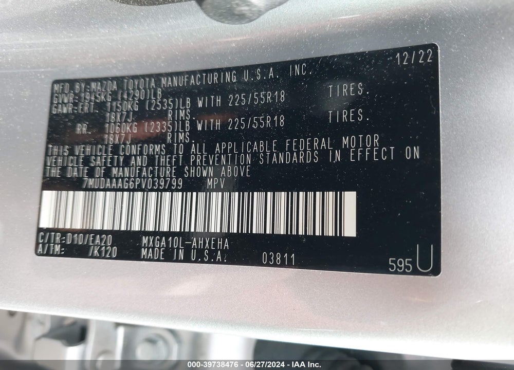 2023 TOYOTA COROLLA CROSS XLE VIN: 7MUDAAAG6PV039799