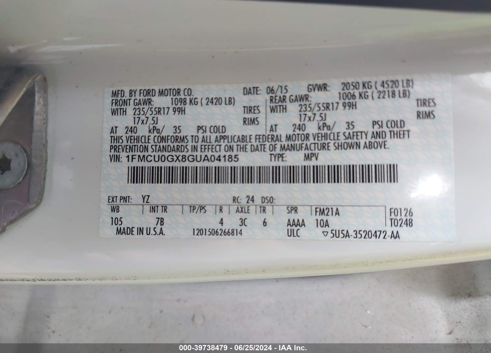 2016 FORD ESCAPE SE VIN: 1FMCU0GX8GUA04185