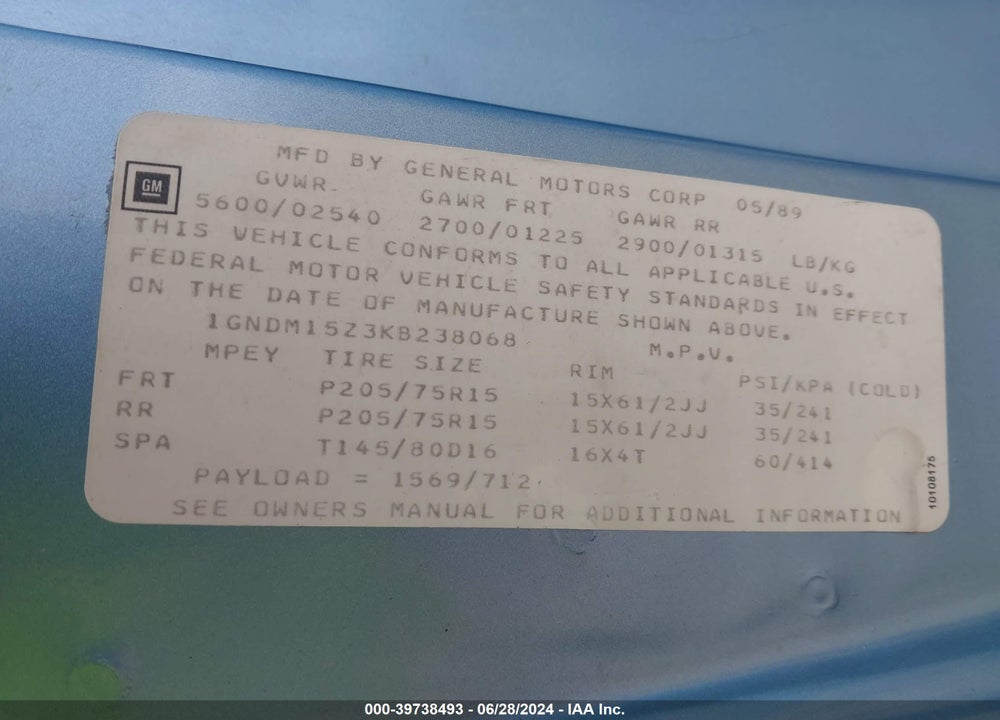 1989 CHEVROLET ASTRO VIN: 1GNDM15Z3KB238068