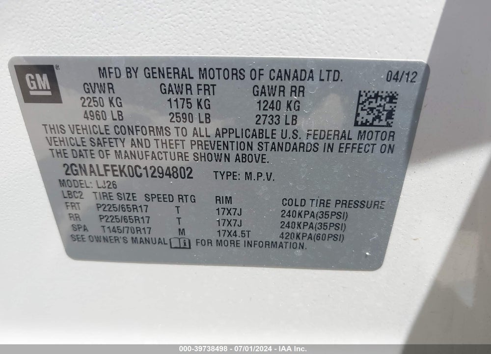 2012 CHEVROLET EQUINOX LTZ VIN: 2GNALFEK0C1294802