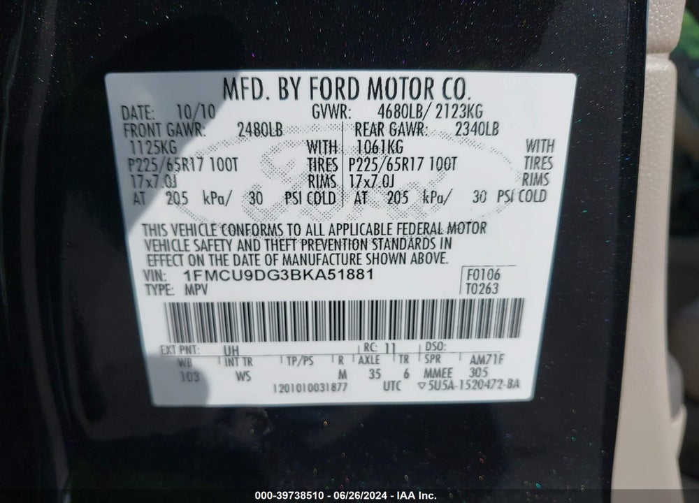 2011 FORD ESCAPE XLT VIN: 1FMCU9DG3BKA51881