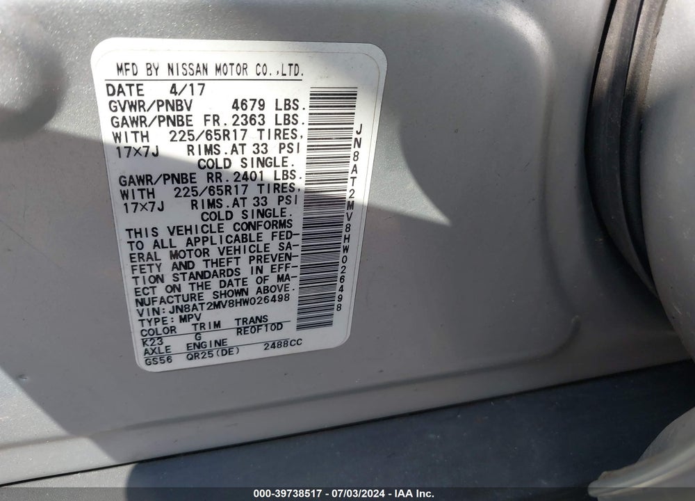 2017 NISSAN ROGUE S VIN: JN8AT2MV8HW026498