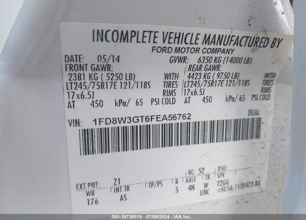 2015 FORD F-350 CHASSIS XL VIN: 1FD8W3GT6FEA56762