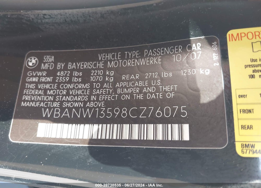2008 BMW 535I VIN: WBANW13598CZ76075