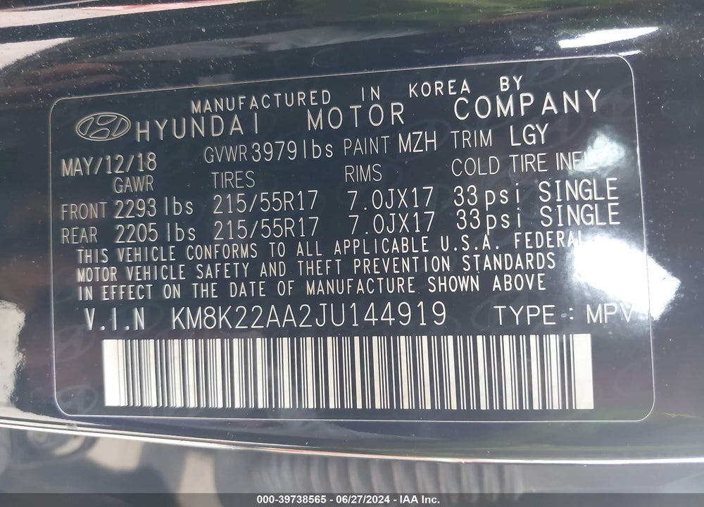 2018 HYUNDAI KONA SEL VIN: KM8K22AA2JU144919