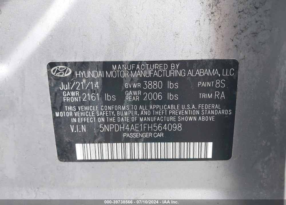 2015 HYUNDAI ELANTRA SE VIN: 5NPDH4AE1FH564098