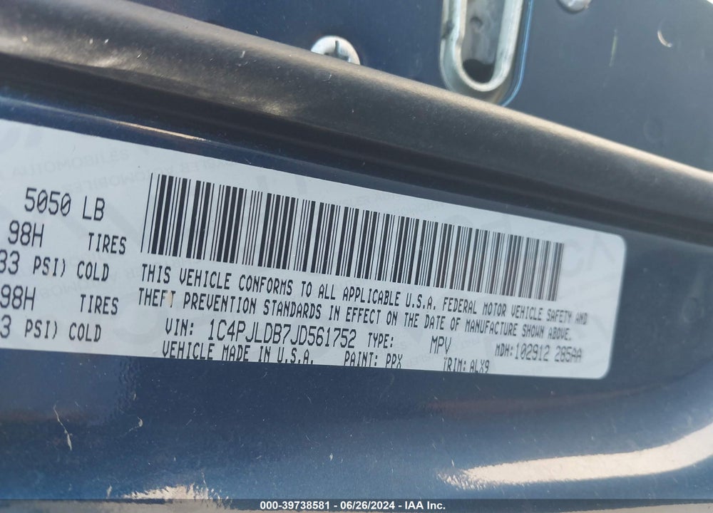2018 CHEROKEE JEEP  LIMITED FWD VIN: 1C4PJLDB7JD561752