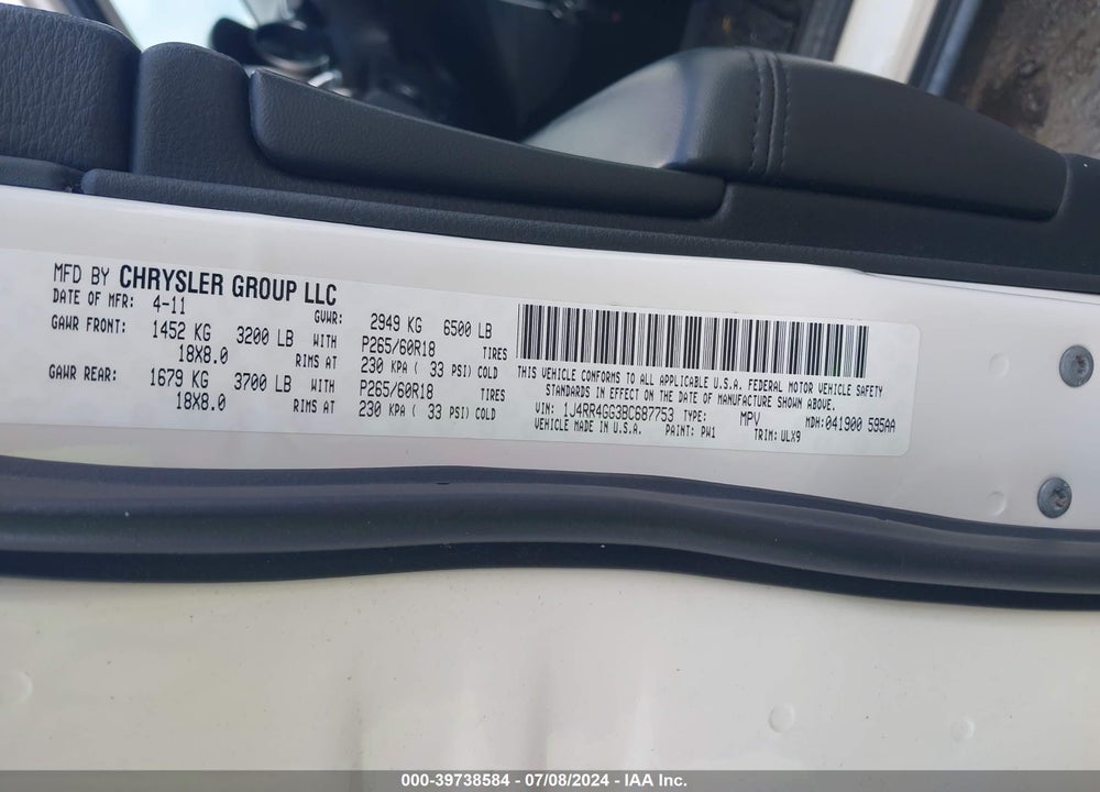 2011 JEEP GRAND CHEROKEE LAREDO VIN: 1J4RR4GG3BC687753