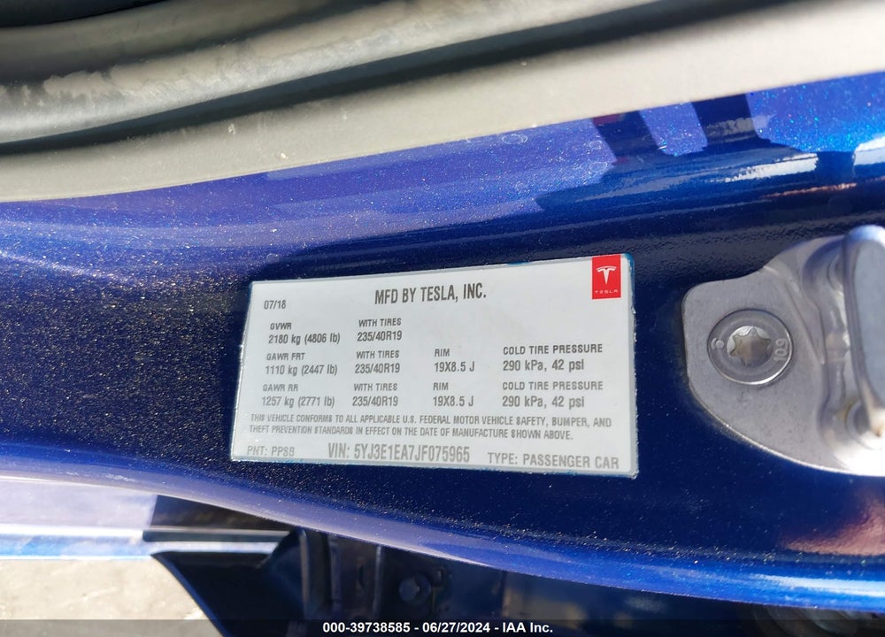 2018 TESLA MODEL 3 LONG RANGE/MID RANGE VIN: 5YJ3E1EA7JF075965