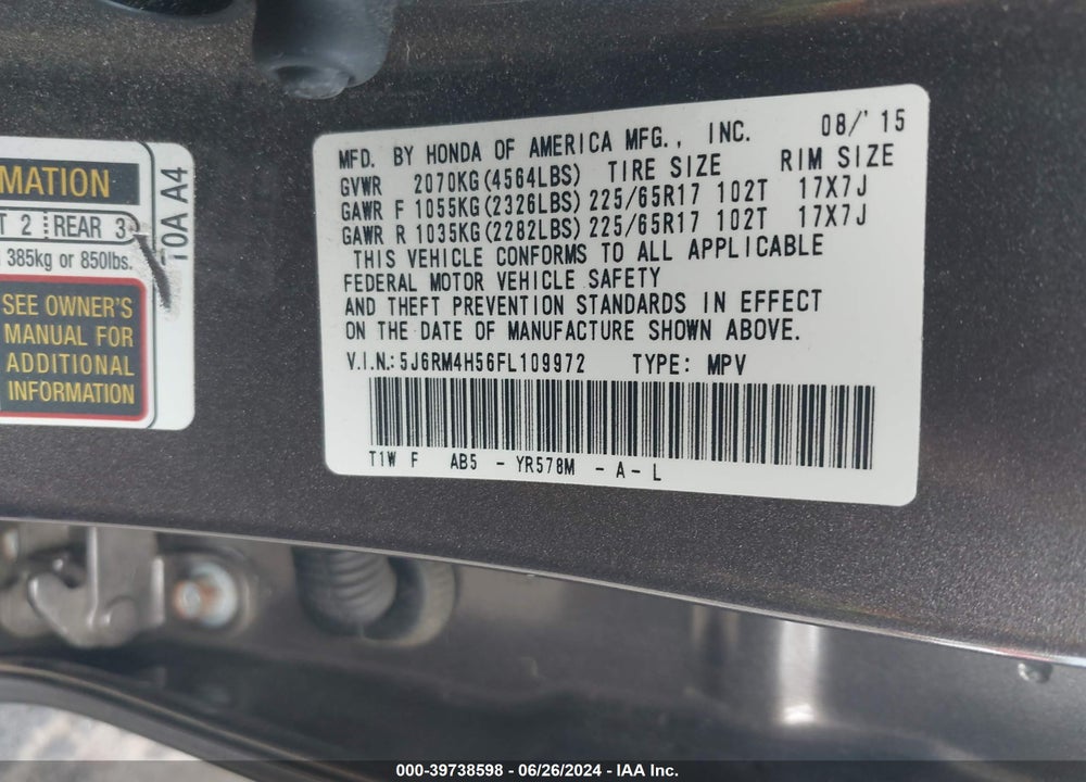 2015 HONDA CR-V EX VIN: 5J6RM4H56FL109972