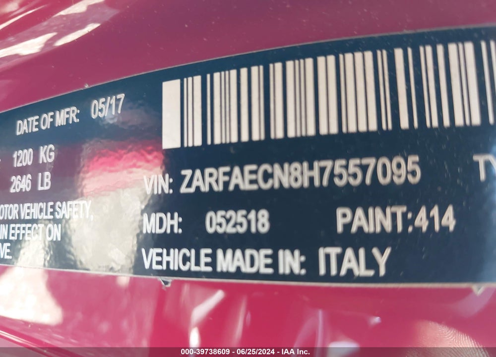 2017 ALFA ROMEO GIULIA TI RWD VIN: ZARFAECN8H7557095