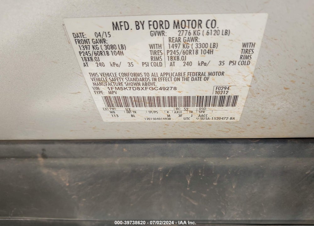2015 FORD EXPLORER XLT VIN: 1FM5K7D8XFGC49278