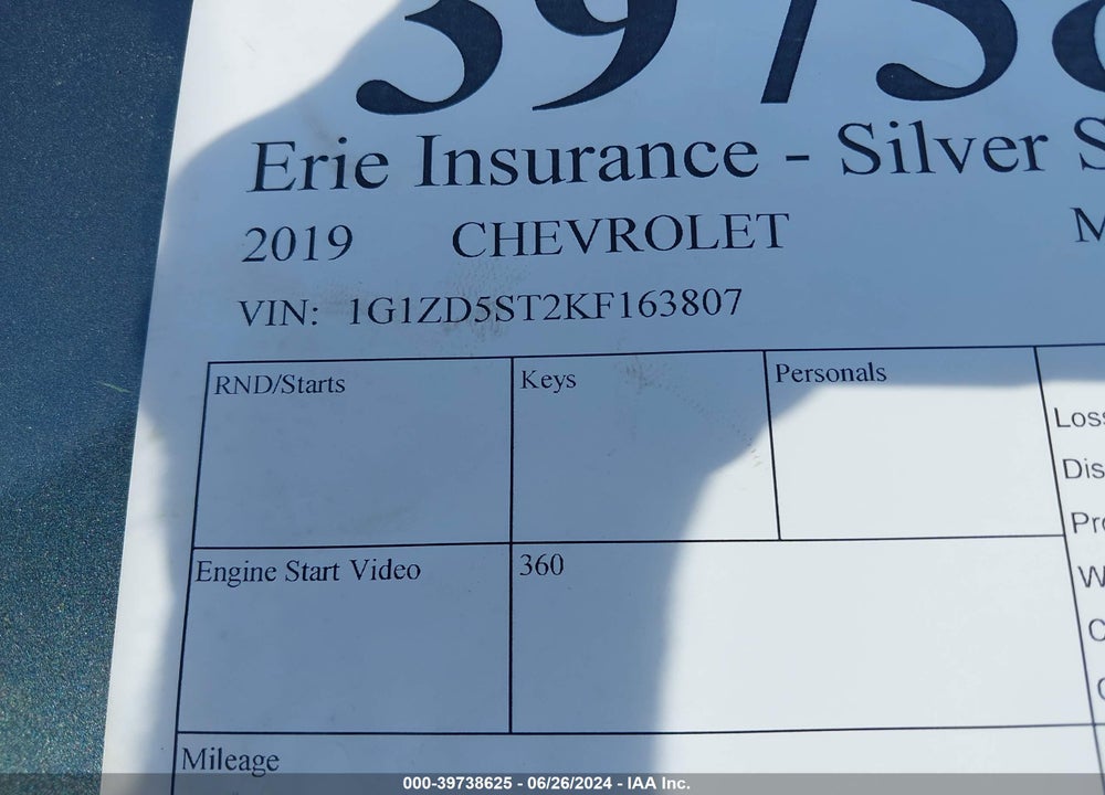 2019 CHEVROLET MALIBU LT VIN: 1G1ZD5ST2KF163807