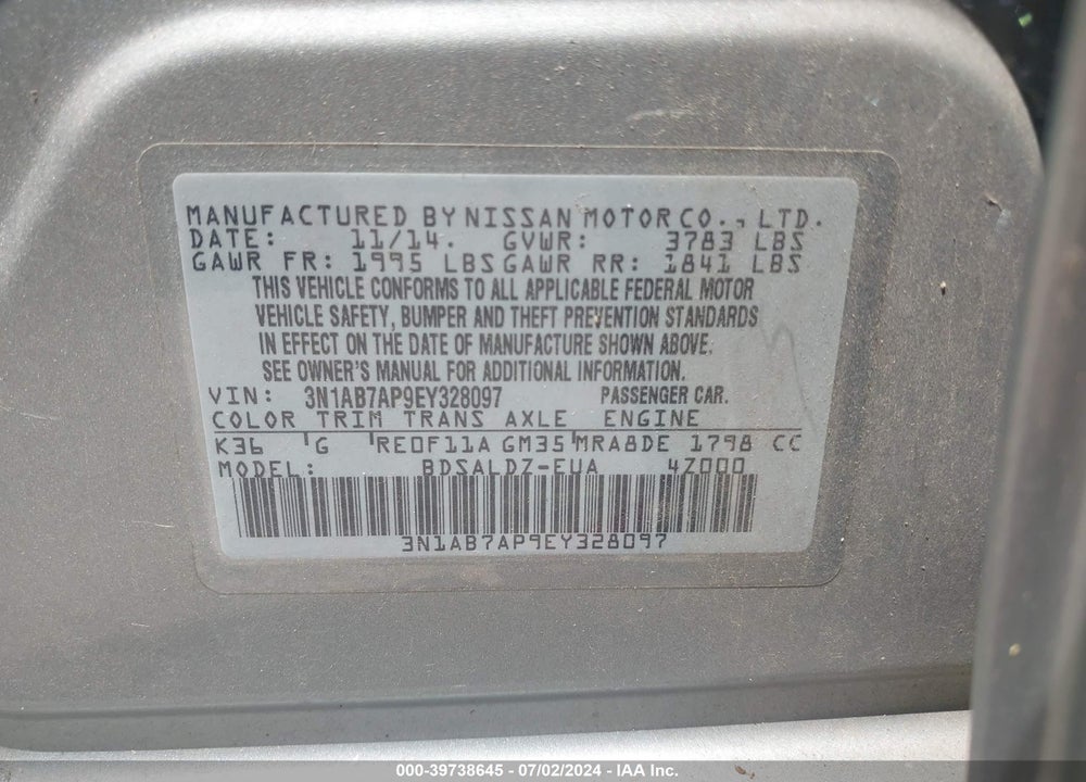2014 NISSAN SENTRA SV VIN: 3N1AB7AP9EY328097