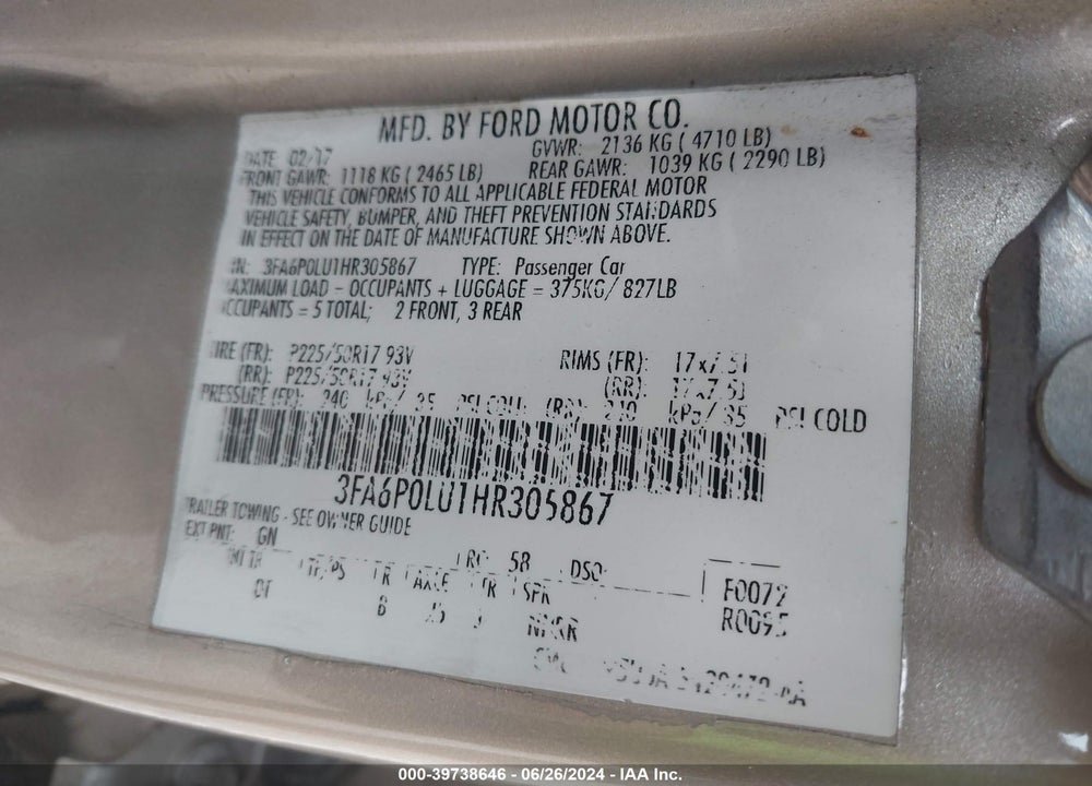 2017 FORD FUSION VIN: 3FA6P0LU1HR305867