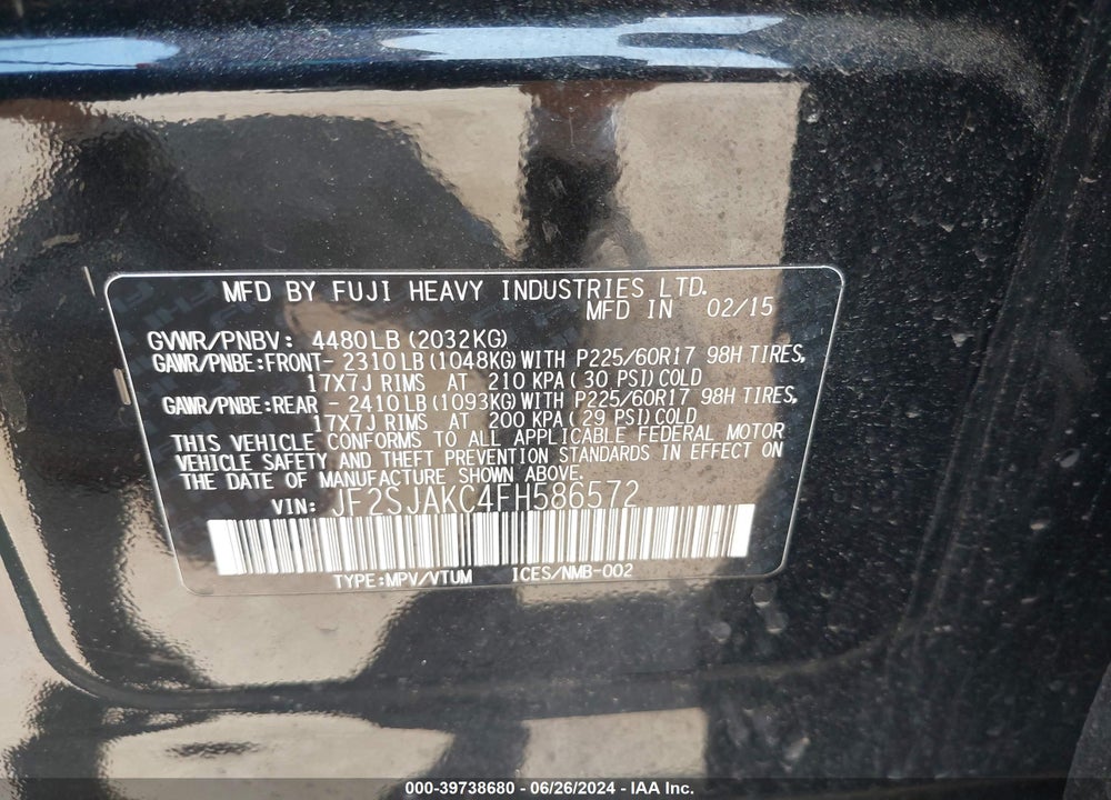 2015 SUBARU FORESTER 2.5I LIMITED VIN: JF2SJAKC4FH586572