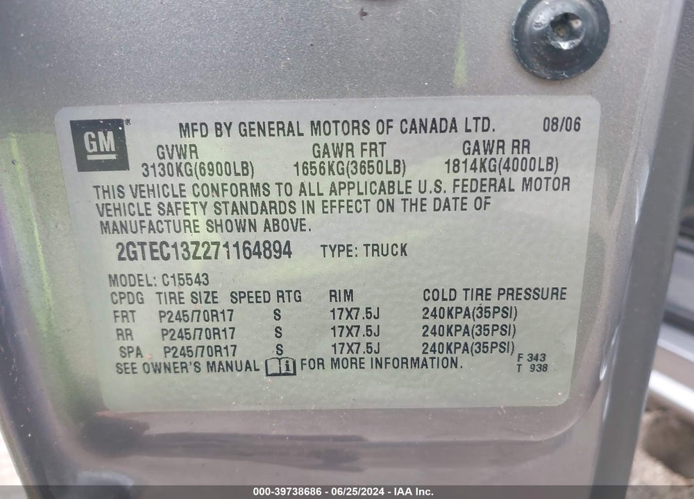 2007 GMC SIERRA 1500 CLASSIC SLE1 VIN: 2GTEC13Z271164894