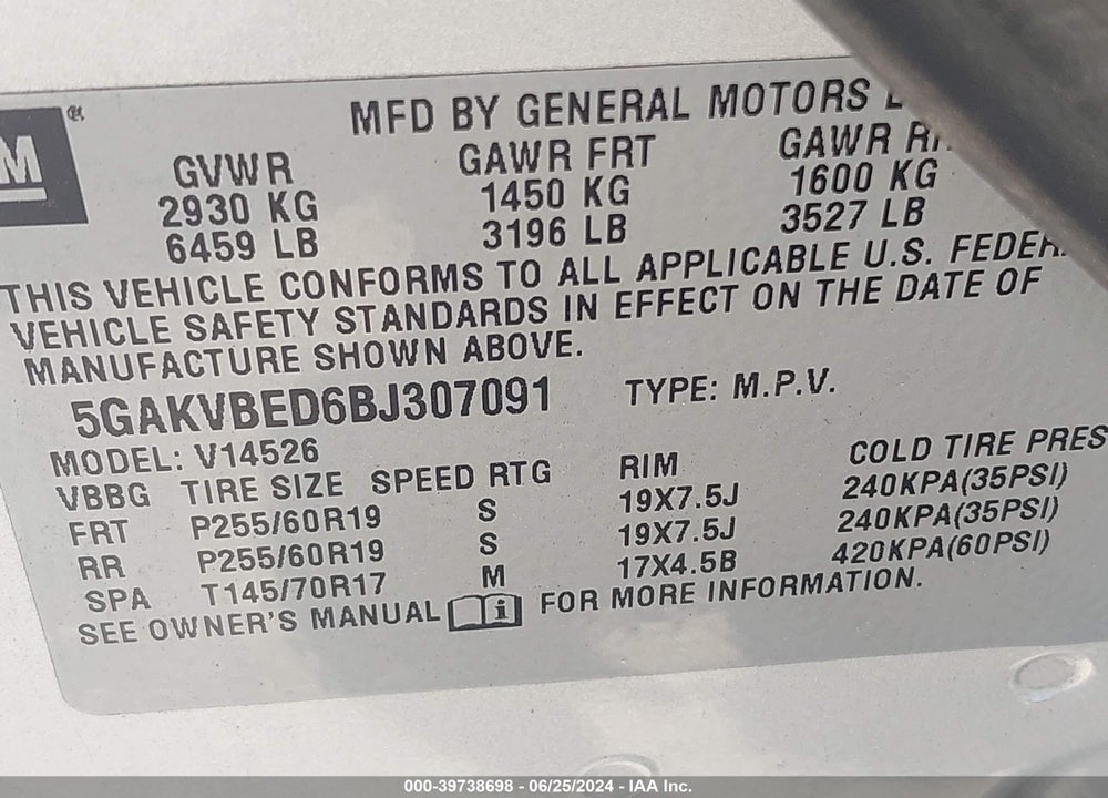 2011 BUICK ENCLAVE 1XL VIN: 5GAKVBED6BJ307091