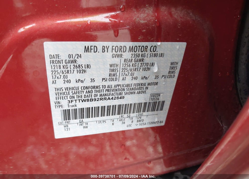 2024 FORD MAVERICK XL VIN: 3FTTW8B92RRA42849