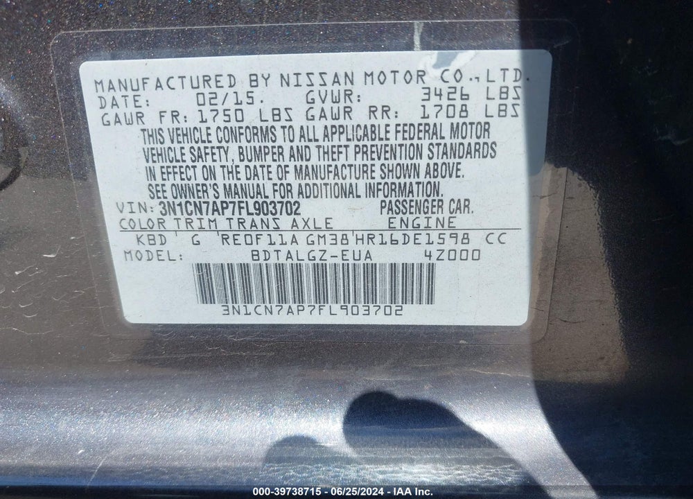 2015 NISSAN VERSA 1.6 SL VIN: 3N1CN7AP7FL903702