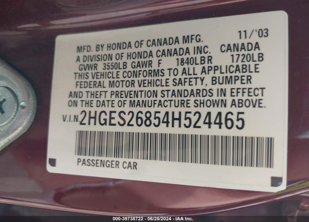 2004 HONDA CIVIC EX VIN: 2HGES26854H524465