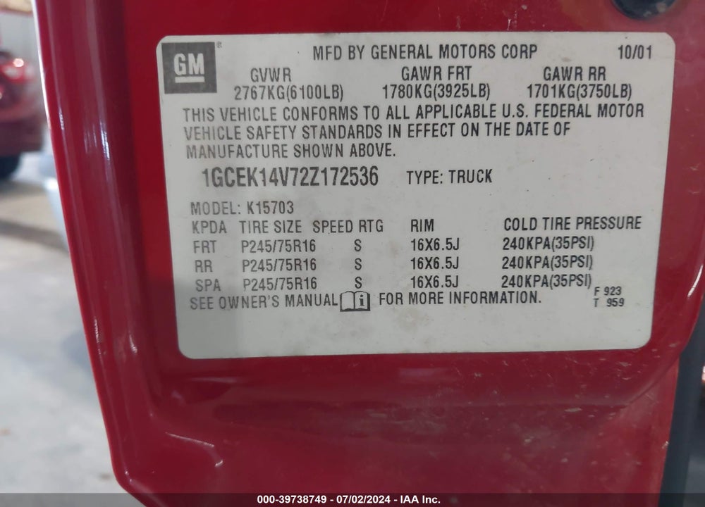 2002 CHEVROLET SILVERADO 1500 LS VIN: 1GCEK14V72Z172536