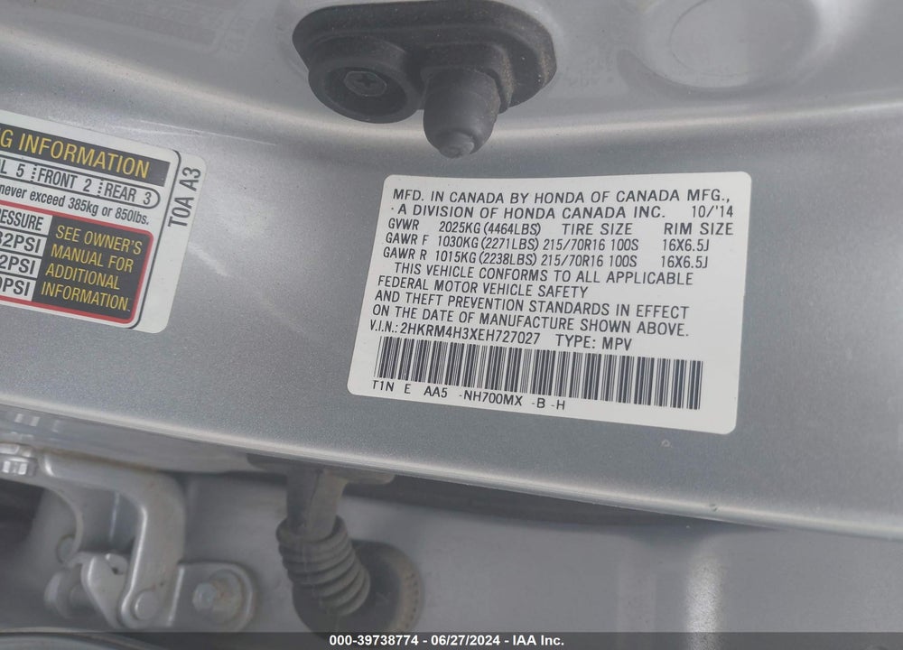 2014 HONDA CR-V LX VIN: 2HKRM4H3XEH727027