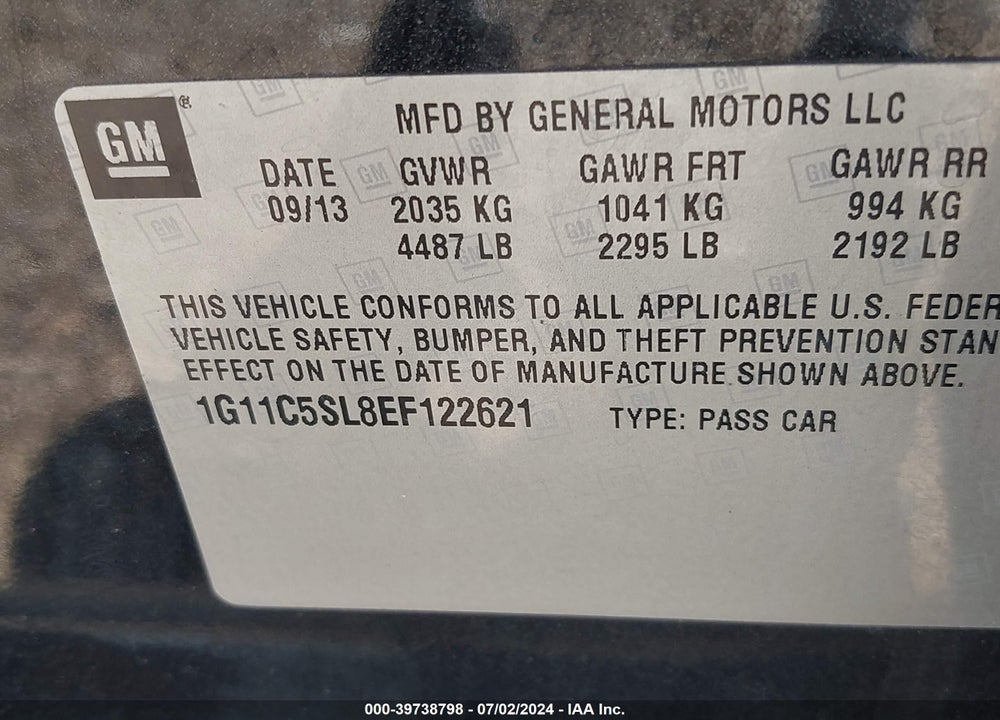 2014 CHEVROLET MALIBU 1LT VIN: 1G11C5SL8EF122621