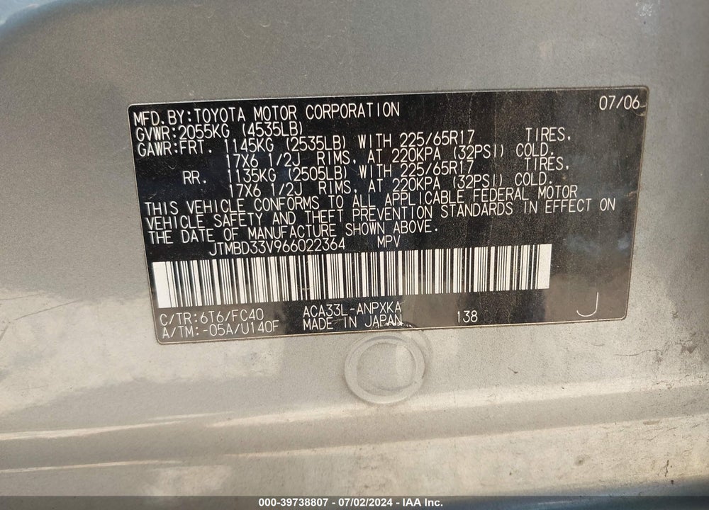 2006 TOYOTA RAV4 VIN: JTMBD33V966022364