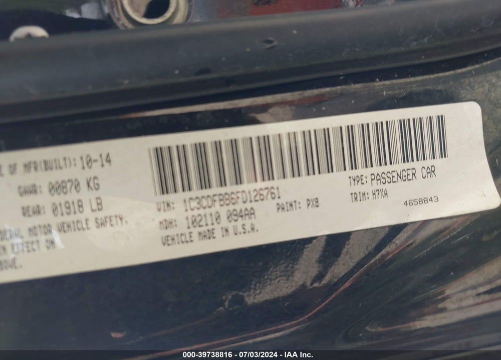 2015 DODGE DART SXT VIN: 1C3CDFBB6FD126761