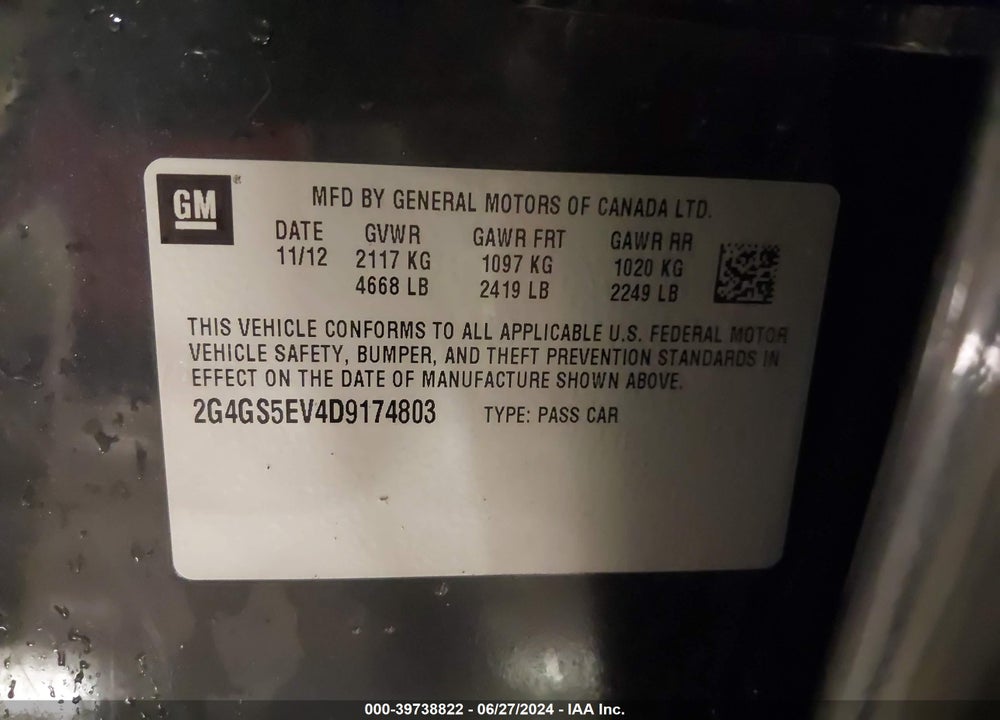 2013 BUICK REGAL TURBO PREMIUM 1 VIN: 2G4GS5EV4D9174803