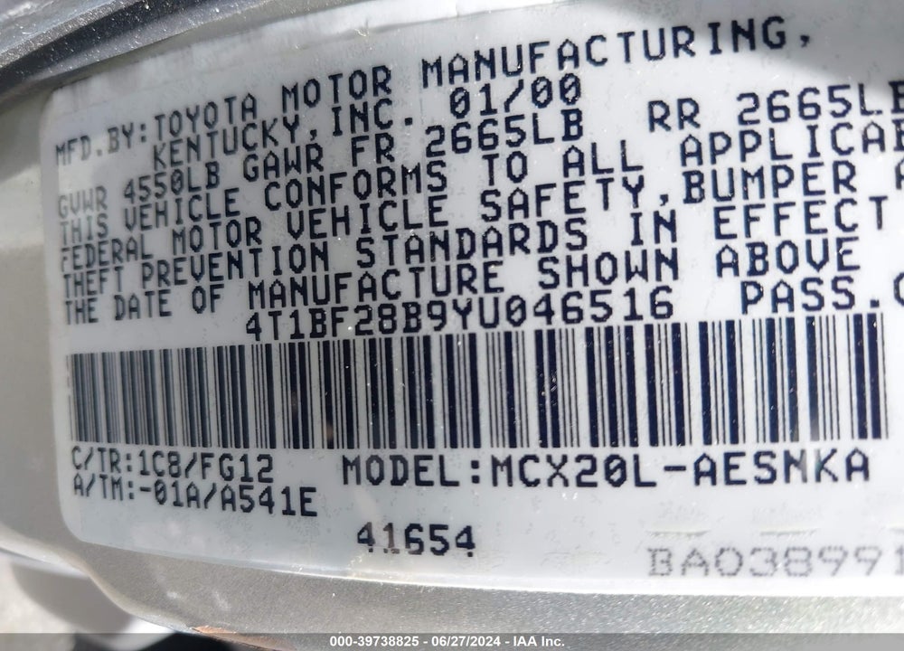 2000 TOYOTA AVALON XL VIN: 4T1BF28B9YU046516