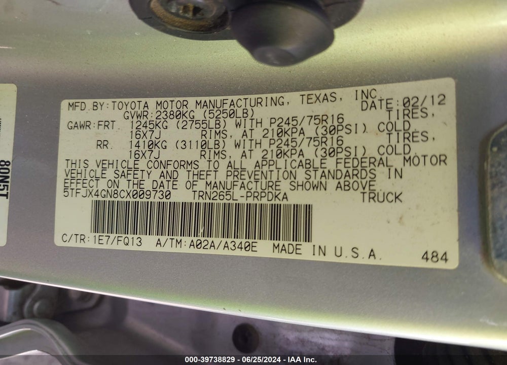 2012 TOYOTA TACOMA PRERUNNER VIN: 5TFJX4GN8CX009730