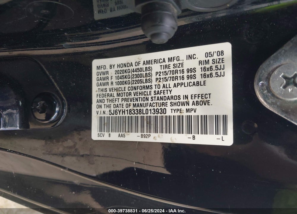 2008 HONDA ELEMENT LX VIN: 5J6YH18338L013930