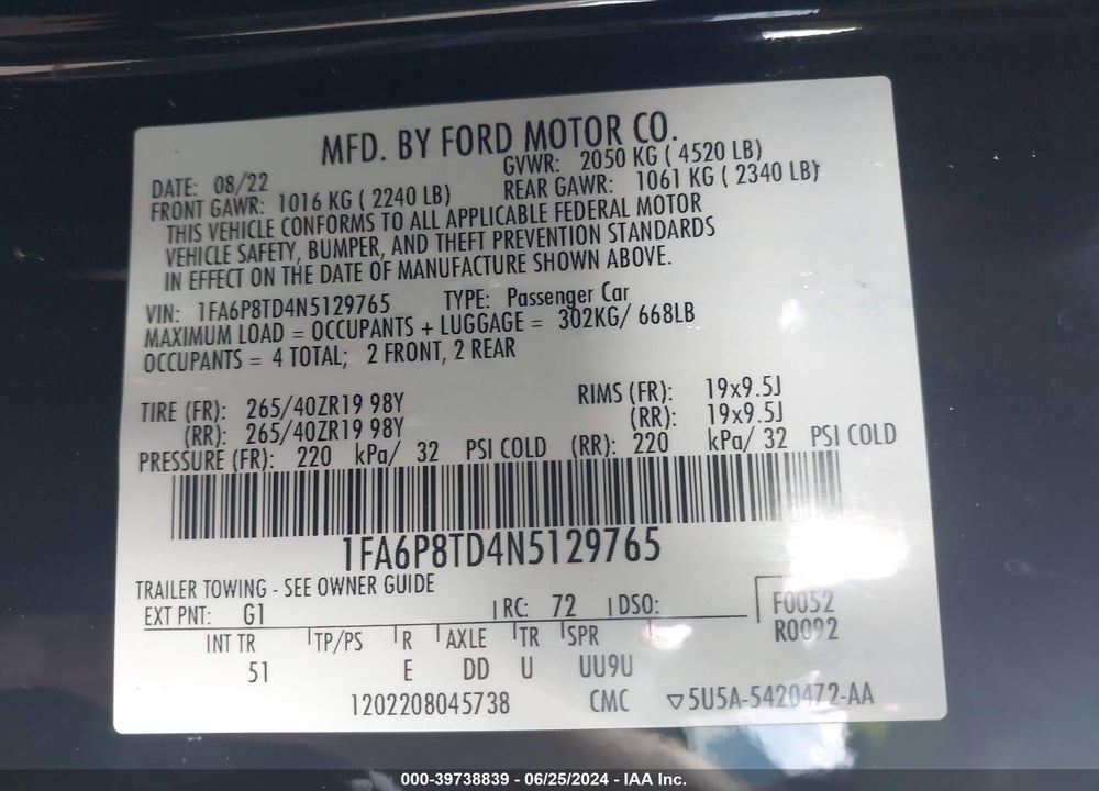 2022 FORD MUSTANG ECOBOOST PREMIUM FASTBACK VIN: 1FA6P8TD4N5129765