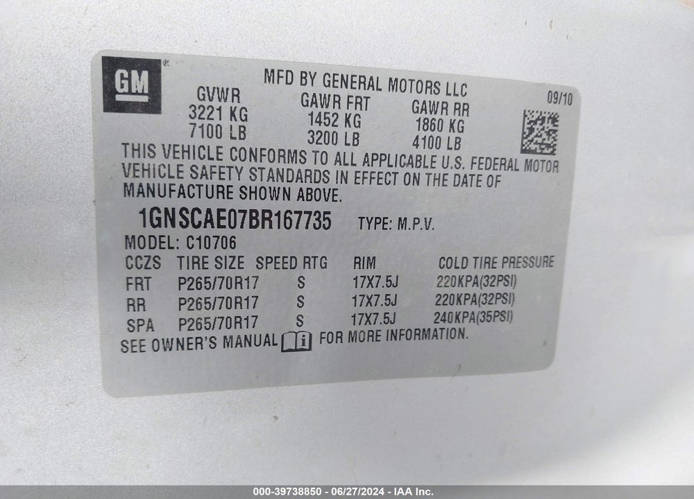 2011 CHEVROLET TAHOE LS VIN: 1GNSCAE07BR167735