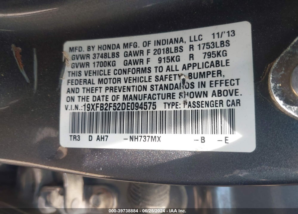 2013 HONDA CIVIC LX VIN: 19XFB2F52DE094575