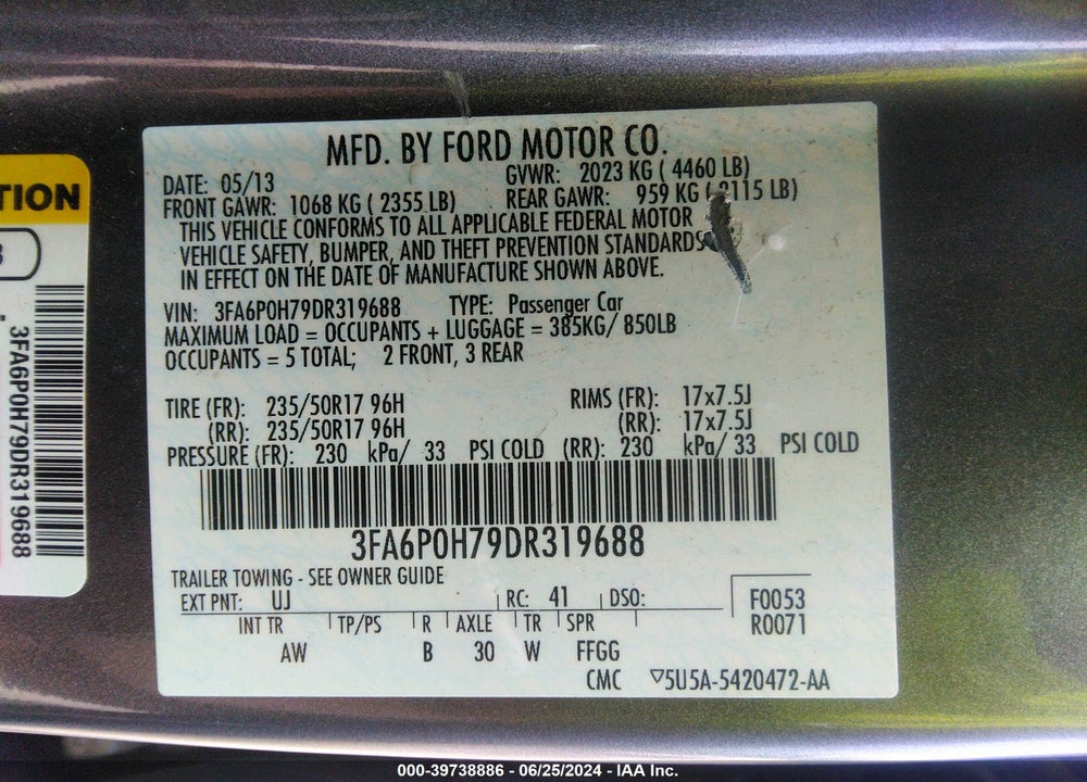2013 FORD FUSION SE VIN: 3FA6P0H79DR319688