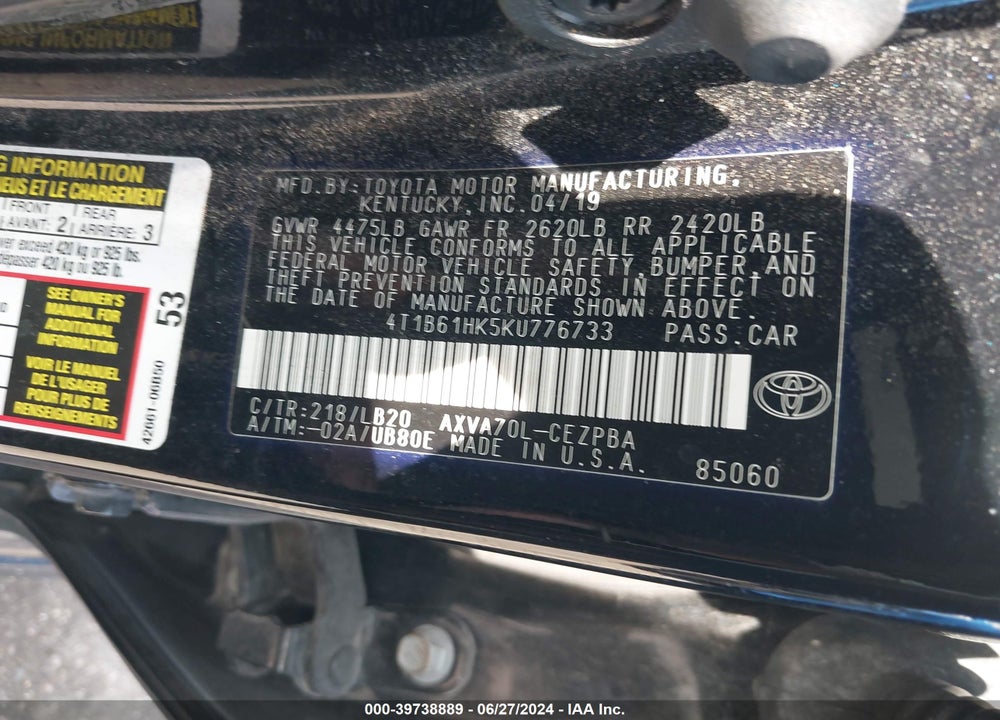 2019 TOYOTA CAMRY XSE VIN: 4T1B61HK5KU776733