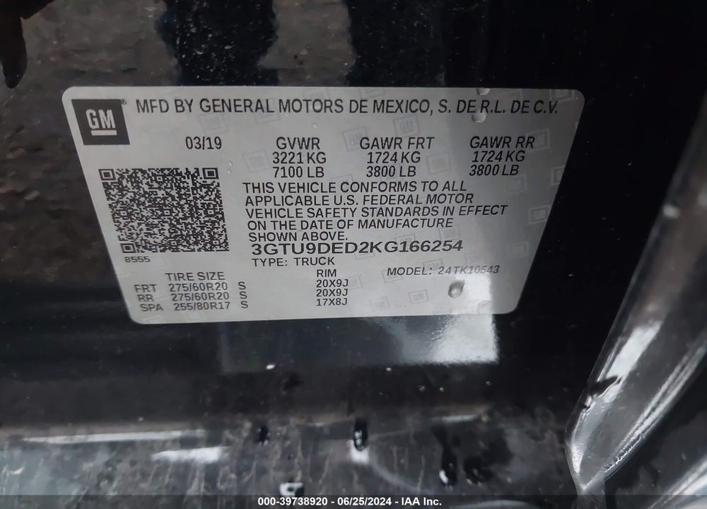 2019 GMC SIERRA 1500 SLT VIN: 3GTU9DED2KG166254
