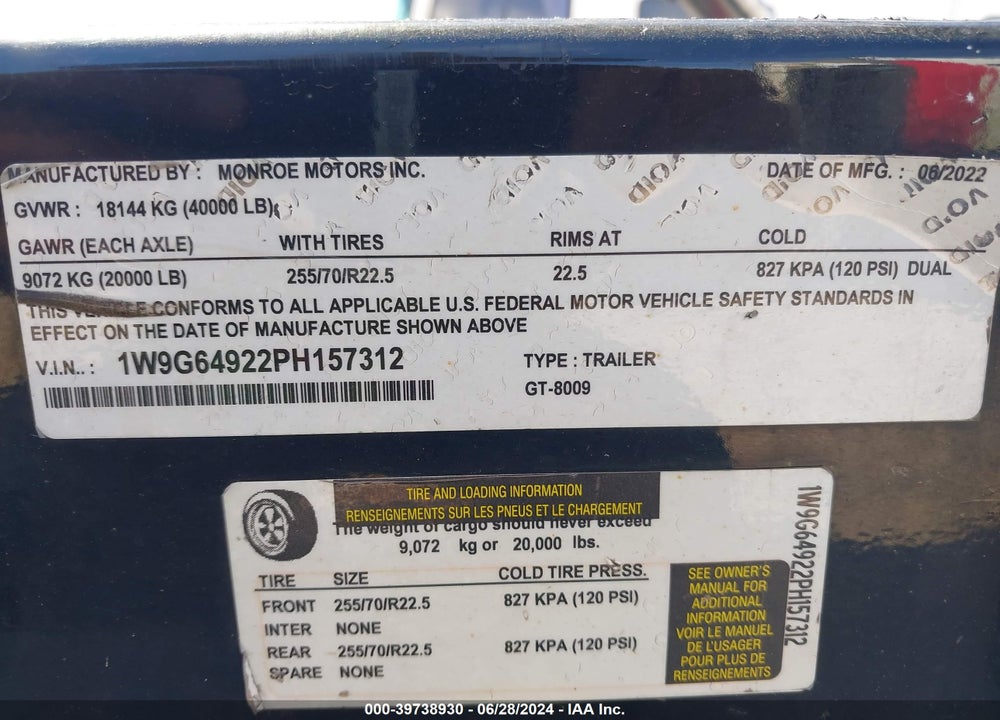 2023 MONROE MTRS WALLY-MO DIV TRAILER VIN: 1W9G64922PH157312