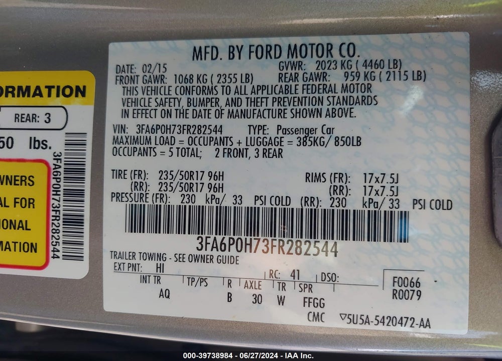 2015 FORD FUSION VIN: 3FA6P0H73FR282544