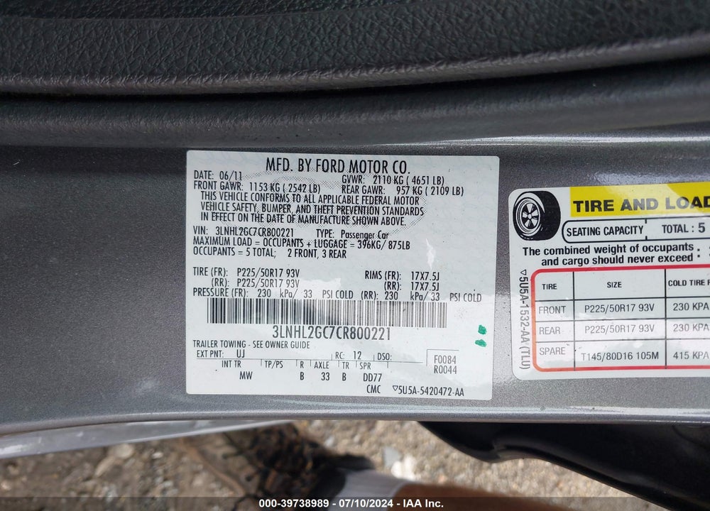 2012 LINCOLN MKZ VIN: 3LNHL2GC7CR800221
