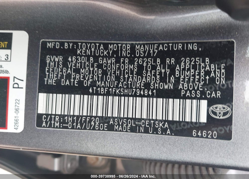 2017 TOYOTA CAMRY SE VIN: 4T1BF1FK5HU794841
