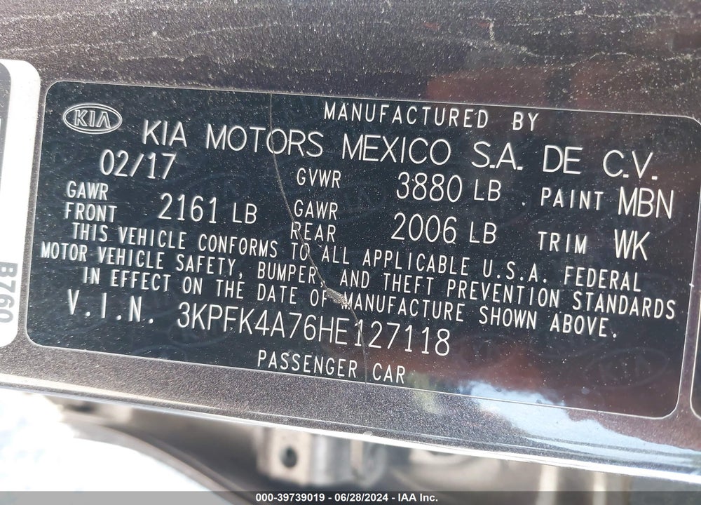 2017 KIA FORTE LX VIN: 3KPFK4A76HE127118