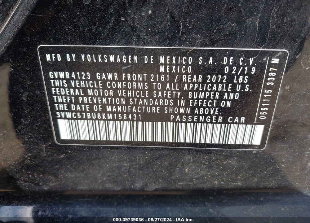 2019 VOLKSWAGEN JETTA 1.4T R-LINE/1.4T S/1.4T SE VIN: 3VWC57BU8KM158431
