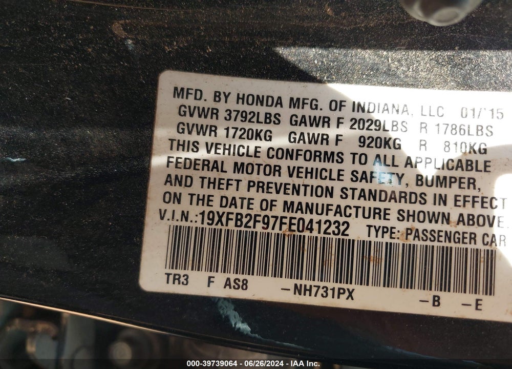 2015 HONDA CIVIC EX-L VIN: 19XFB2F97FE041232