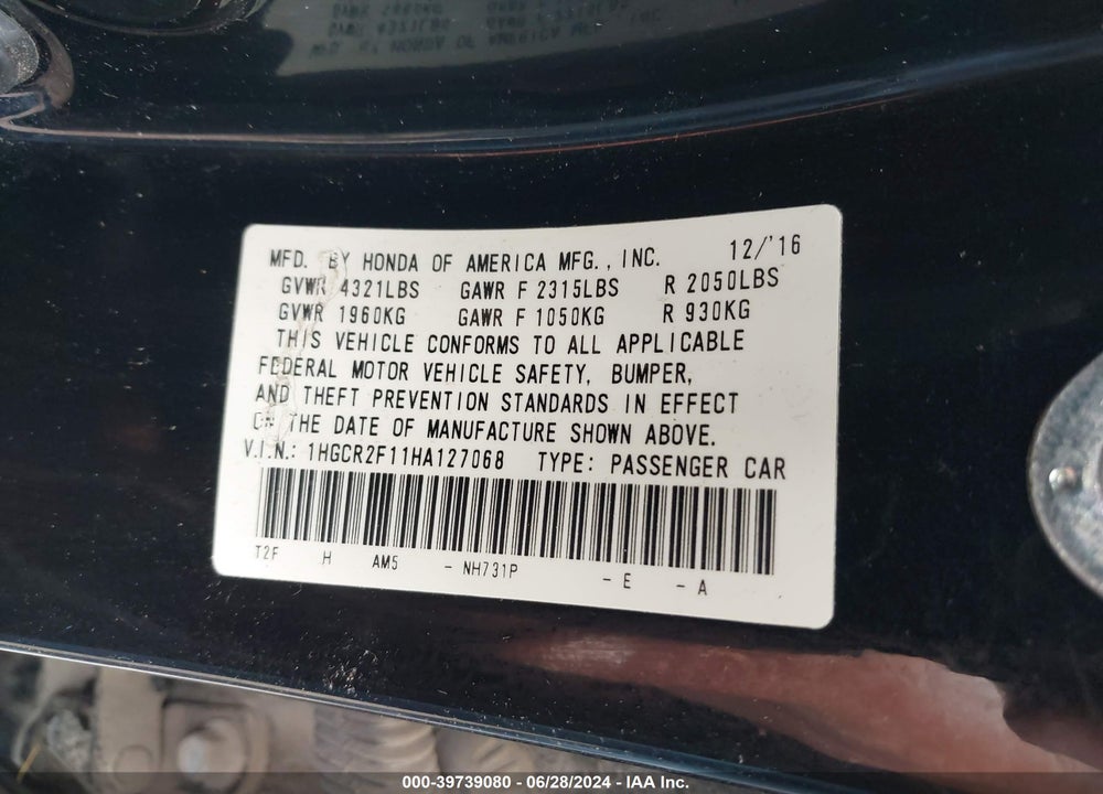 2017 HONDA ACCORD SPORT SE VIN: 1HGCR2F11HA127068