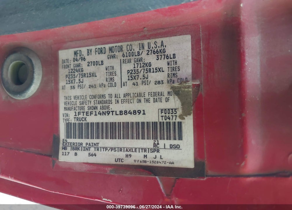 1996 FORD F150 VIN: 1FTEF14N9TLB84891